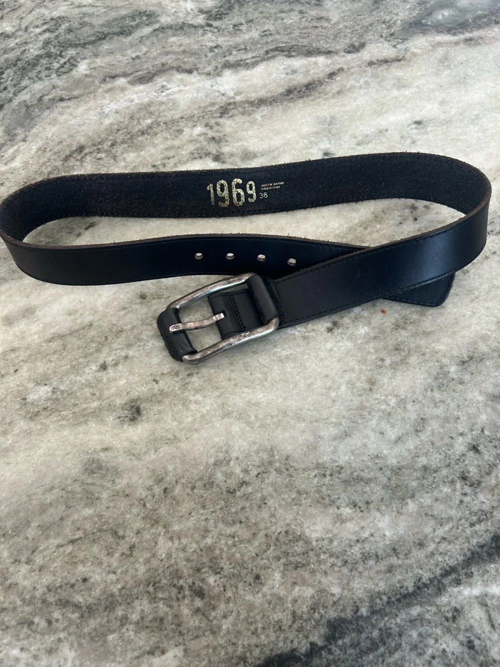 1969 Black Leather Men's Belt with Silver Buckle size 36